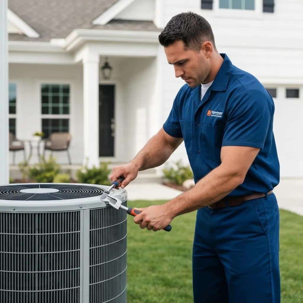HVAC technician inspecting air conditioning unit for efficient cooling